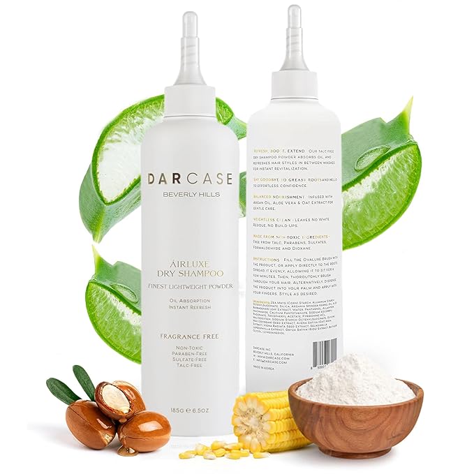 DARCASE Airluxe Dry Shampoo Powder – Non-Aerosol Oil Absorbing & Hair Refreshing Dry Shampoo with Argan Oil, Aloe Vera & Oat Extract – Talc-Free & Fragnance Free Powder Shampoo for Women & Men – 6.5oz