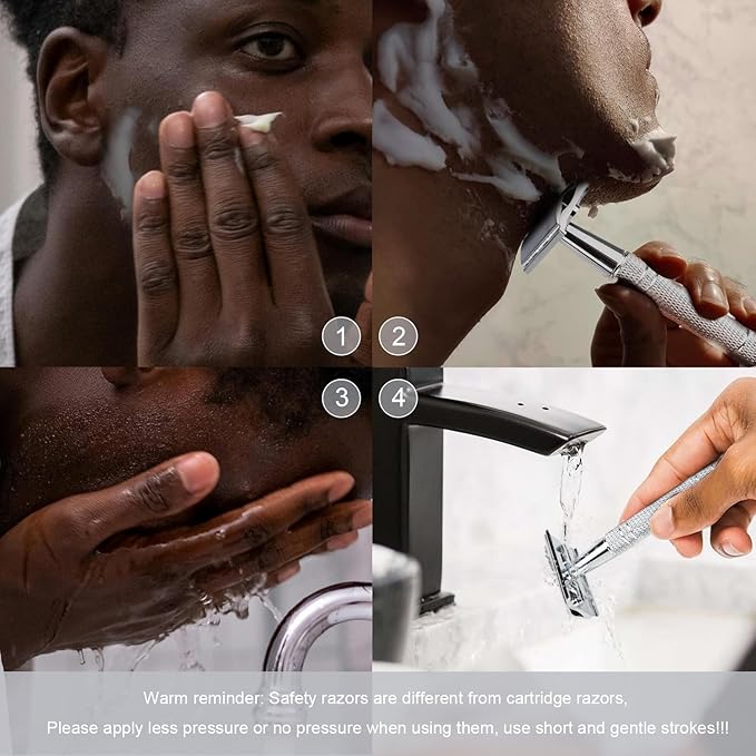 Double Edge Safety Razor for Men and Women, Single Blade Razors, with 10 Stainless Steel Blades, Reusable Metal Razor, Smooth and Close Shave, Sustainable, Plastic Free, Silver