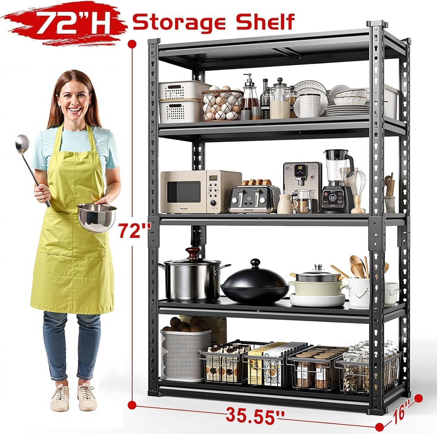 TigerParty 2050LBS Heavy Duty Garage Shelving, 5-Tier Adjustable Storage Shelves, Metal Shelving Unit and Storage Rack for Pantry, Basement, Warehouse, 72" H x 36" W x 16" D, Melamine Faced Board