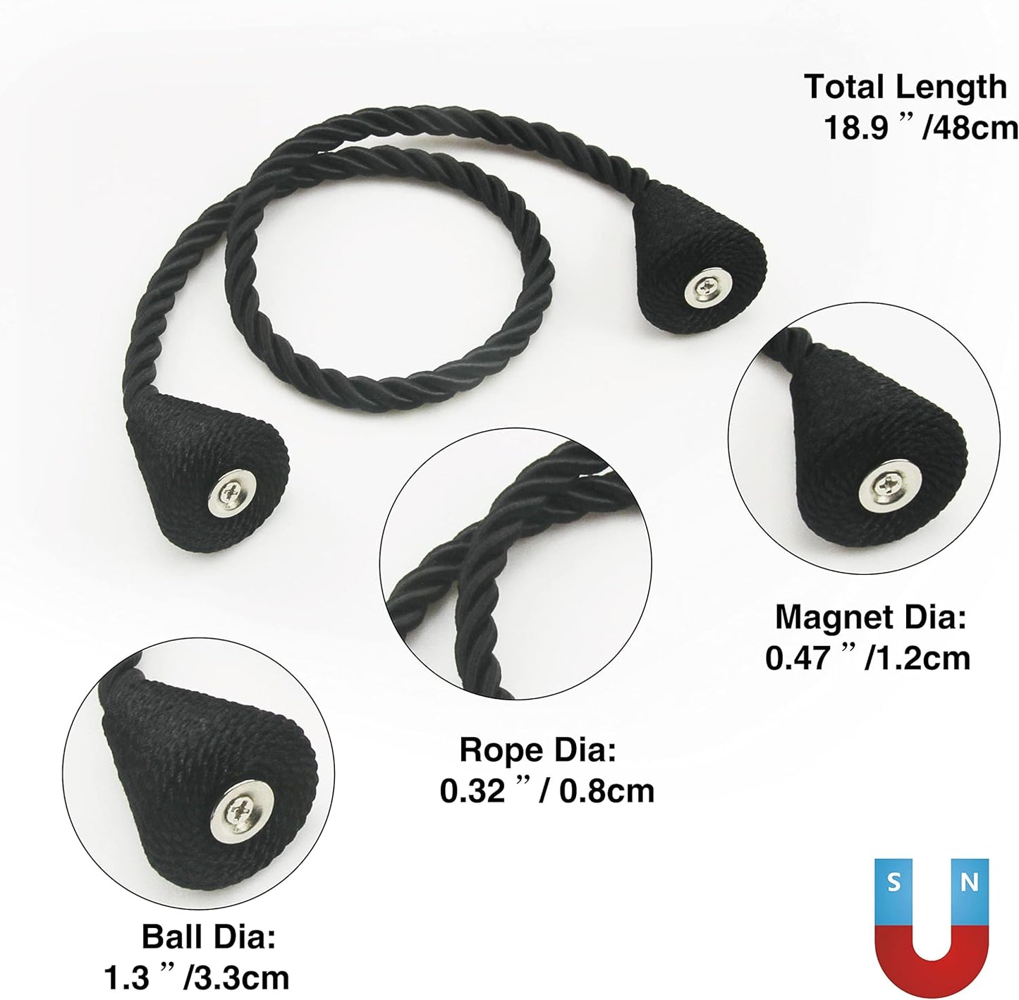 2 Pack Magnetic Curtain Tiebacks Rope Modern Handmade Curtain Tie Backs Decorative Drapes Weave Holdbacks for Window Décor, Black