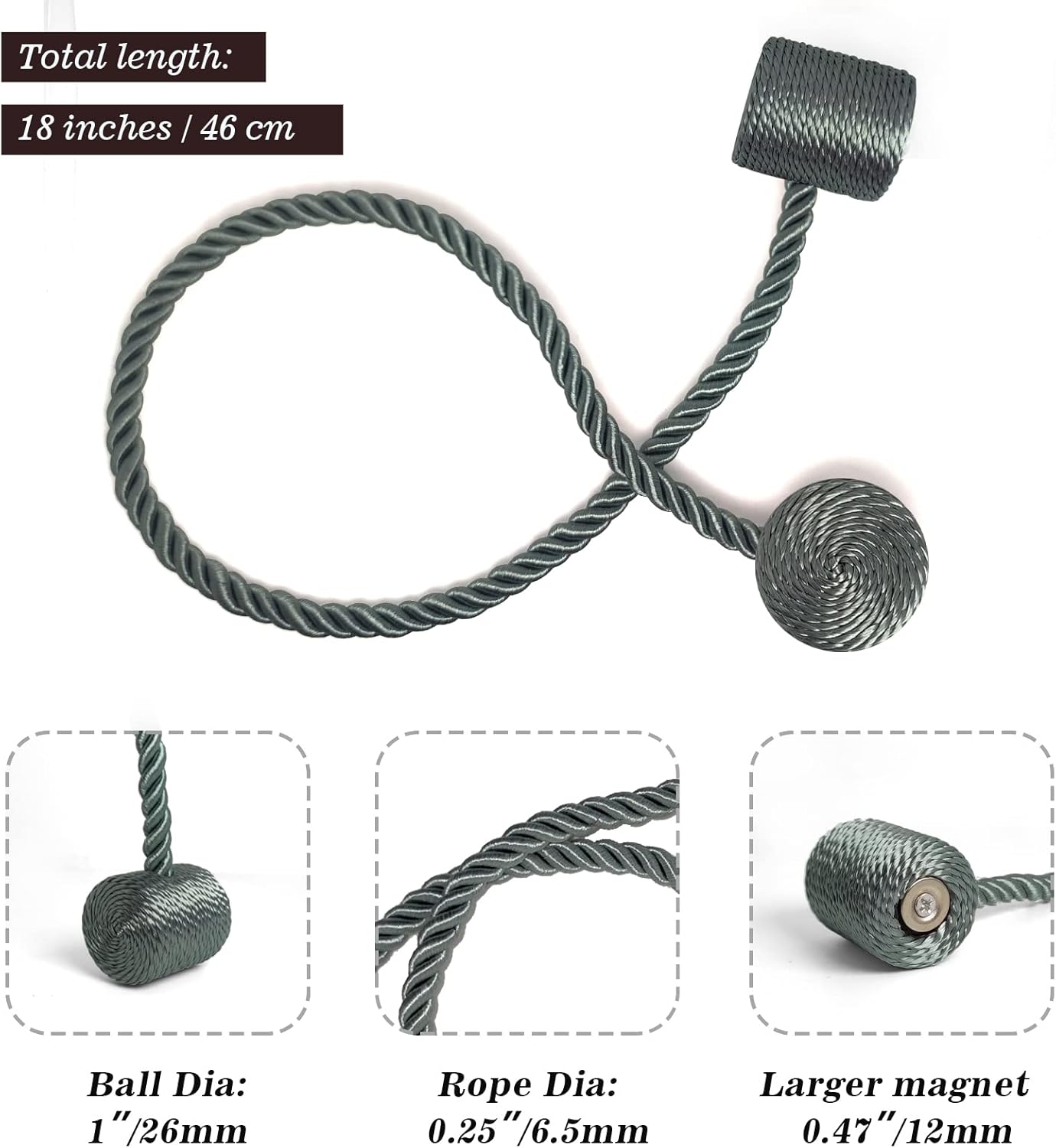 Hion Magnetic Curtain Tiebacks Gray Blue 2pcs, Curtain Tiebacks Buckles Holdbacks Holders Hooks Clip for Home Bedroom Office Decorative Curtain