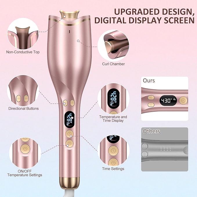 Automatic Curling Iron, Hair Curler 1" Large Slot, 4 Temperature Settings, 12s-19s Timers, Dual Voltage, Anti-Scald, Anti-Tangle, Auto Shut-Off, LCD Display, Fast Heating Easy for Use, Pink