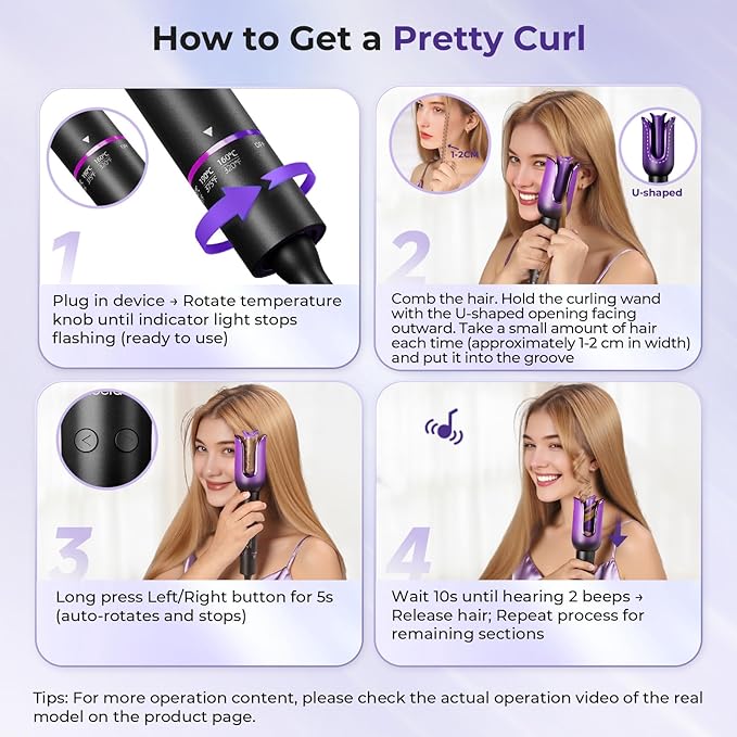 Automatic Curling Iron, Auto Hair Curler with 1" Rotating Curling Iron Barrel & 3 Temps, Anti-Scald & Anti-Tangle Hair Curler Wand, Fast Heating Auto Curler, Purple Black