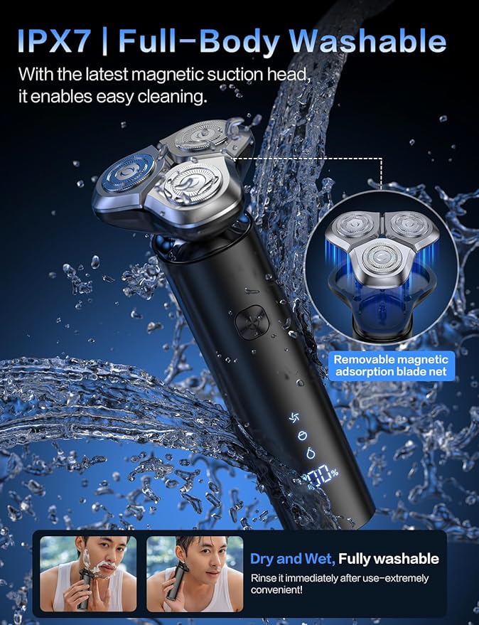 Electric Razor for Men, Men's Electric Shaver, 3-Blade Rotary Shaving System, Touch Switch, Type-C Fast Charging, LED Display, Travel Lock, 90+ Minutes Run Time