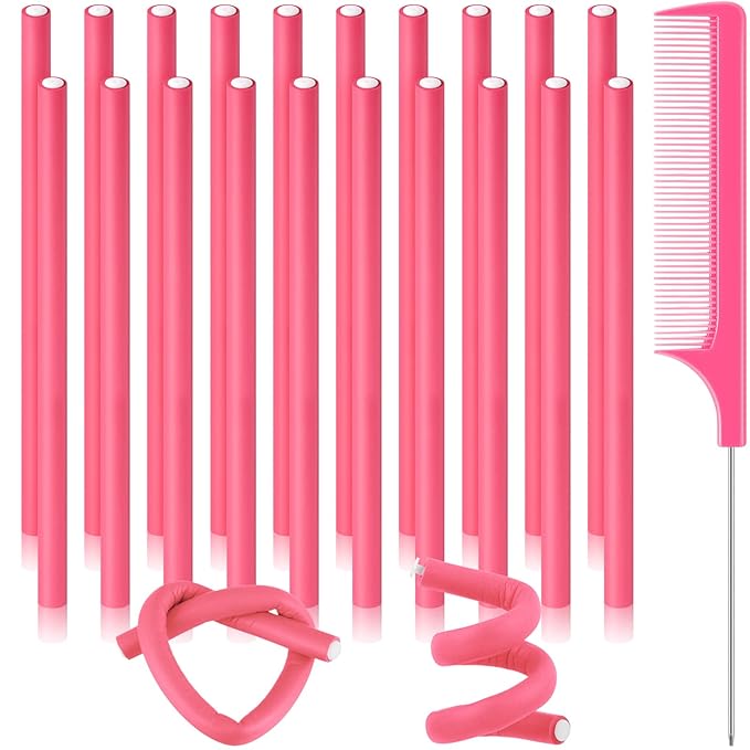 Chuangdi 20 Pcs Flexible Curling Rods Twist Foam Hair Rollers Soft Foam Hair Rods Rollers Curlers and Pintail Comb for Women Long and Short(0.31 x 9.4 Inch,Dark Pink)