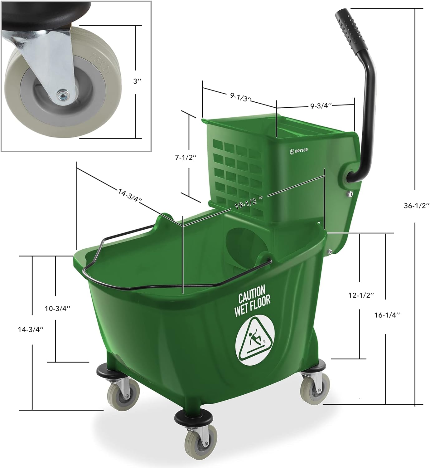 Dryser Commercial Side Press Wringer Combo Mop Bucket, 33 Quart, Green