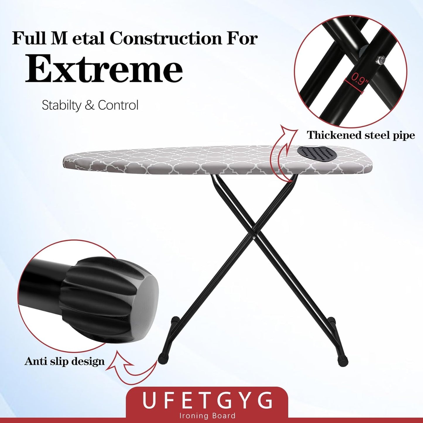 Ironing Board with Silicone Iron Rest pad,Extra Thick Cover,14x54 Compact and Space Saver Iron Board, Height Adjustable,Stable Structure, Easy to Fold, White and Gray