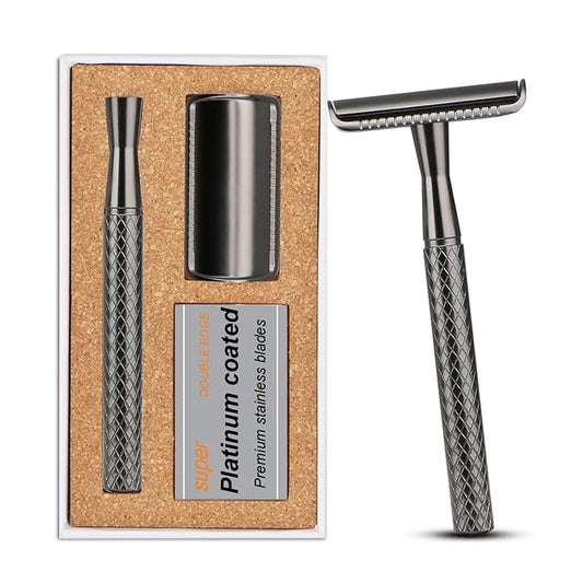 Gun Black Safety Razor - Single Blade Razors for Men - Reusable Metal Razor, with 5 Stainless Steel Double Edge Blades, Smooth Close Shave, Sustainable, Plastic Free