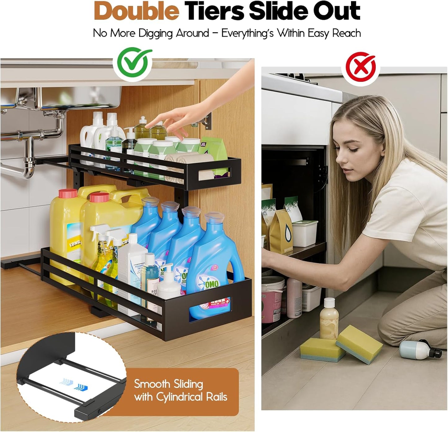 2-Pack 19"Deep Under Sink Organizer And Storage, 2-Tier L-Shaped Pull Out Cabinet Organizer with Upgraded Slide Rails, Height Adjustable Drawers for Kitchen&Bathroom, Extra-Large Storage Shelves–Black