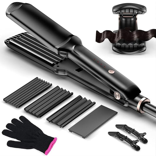 Hair Crimper Waver, Professional Hair Straightener Beach Waves Curling 4 Interchangeable Ceramic Plates, Hair Crimper Auto Temp Control Wide Plate Hairs Straightener & Styling Tool for All HairsTypes