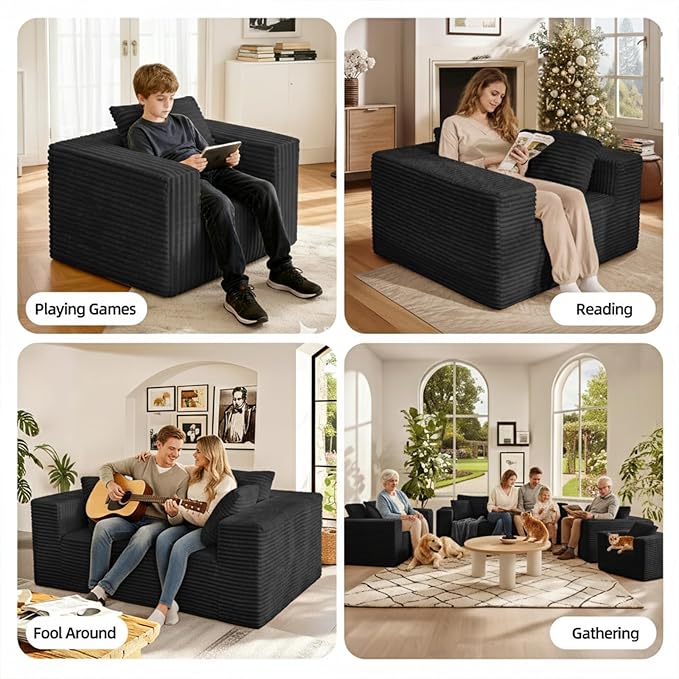 3-Seater Deep-Seat Corduroy Lounge Sleeper Sofa - No Assembly, Frameless Foam Cloud Couch for Living Room, Bedroom, Apartment, Dorm, Office