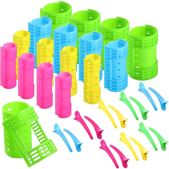 WILLBOND 65 Pieces Rollers Plastic Rollers Hair Curlers Set 4 Sizes for Long Medium Short Hair, Duck Clips Hairnet Hairdressing Styling Tool(Colorful)