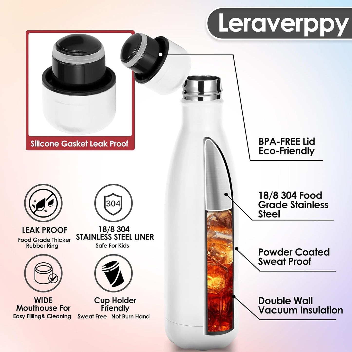 17oz Cola-Bottle Shaped Stainless Steel Leak-proof Water Bottle,Double Wall Vacuum Insulated Metal,Travel Mug For Sports Indoors & Outdoors,BPA-Free School Kids Flasks,White(4Pack)