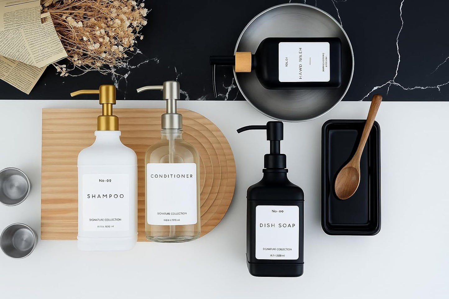 Emerson Essentials Soap Dispenser, Dish Soap Dispenser, Soap Bottle Bathroom Set, Stainless Steel Farmhouse, Kitchen Soap Dispenser Set - Glass Soap Dispenser with Pump and Labels, 16 Oz, 2 Pack