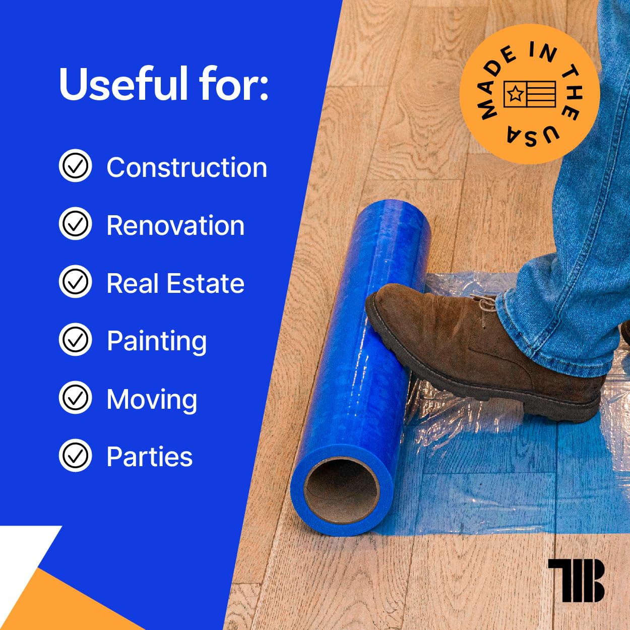Floor Protection Film, 48" x 200', Made in USA, Blue Self Adhesive Floor Protector Tape for Moving, Painting and Construction, Temporary Covering to Shield Hardwood, Tile, Hard Surfaces