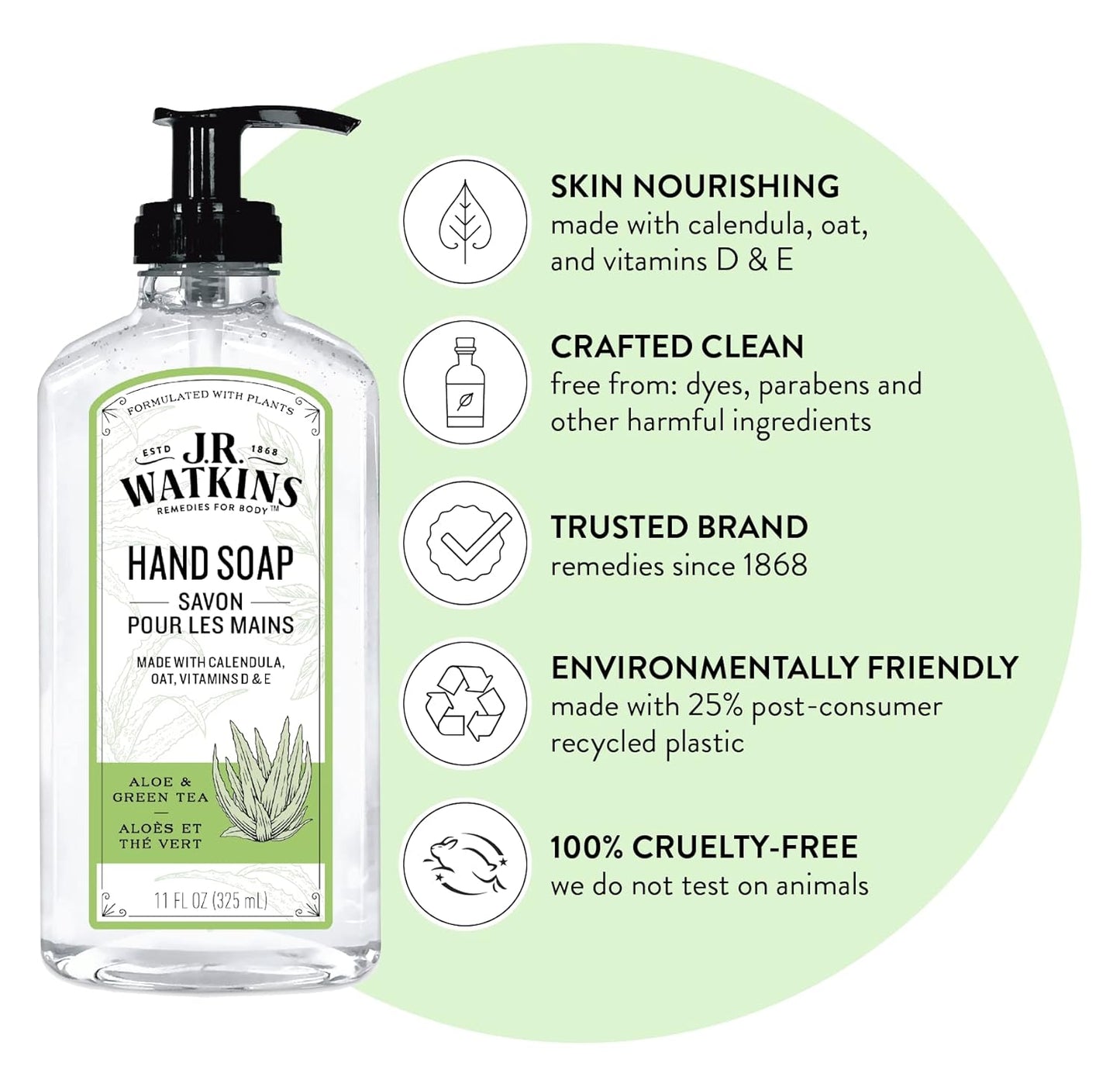 J.R. Watkins Gel Hand Soap, Scented Liquid Hand Wash for Bathroom or?Kitchen, USA Made and Cruelty Free, 11 fl oz, Aloe & Green Tea, 6 Pack