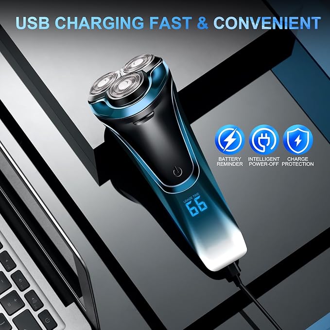 Snapbuy Electric Razor for Men, Snapbuy Electric Razor Pro, Ipx7 Waterproof Cordless Shaver with 90-Min Runtime, 4D Floating Head Rotary Shaver, Fast Charging (Blue)