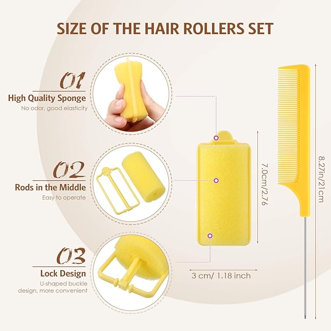 Syhood 48 Pcs Foam Sponge Hair Rollers Soft Sleeping Curlers Flexible Sponge Curler and Rat Tail Comb for Women Hairdressing Styling(Yellow,1.18 inch)