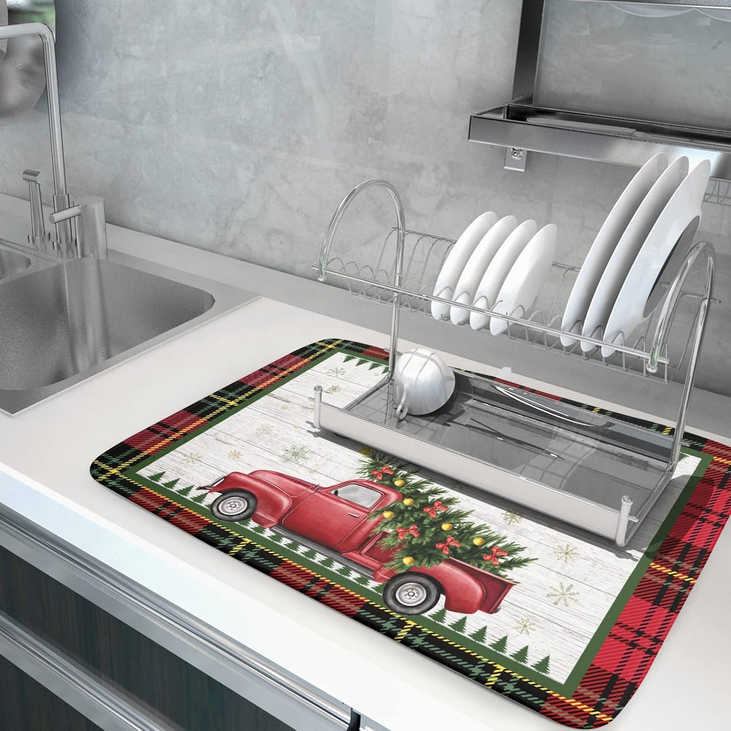 Christmas Dish Drying Mat 18x24 Inch for Kitchen Counter Decor Absorbent Reversible Microfiber Red Truck Buffalo Check Plaid Dishes Pad Dish Drainer Rack Mats Absorbent Fast Dry Kitchen Accessories
