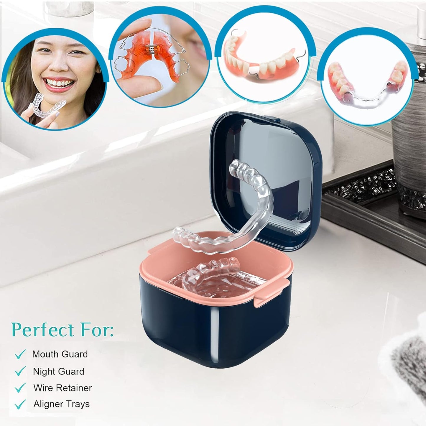Denture Cup，Retainer Case,Cute Night Mouth Guard Box Holder, Storage Soak Container with Strainer basket for Travel Cleaning (Blue)