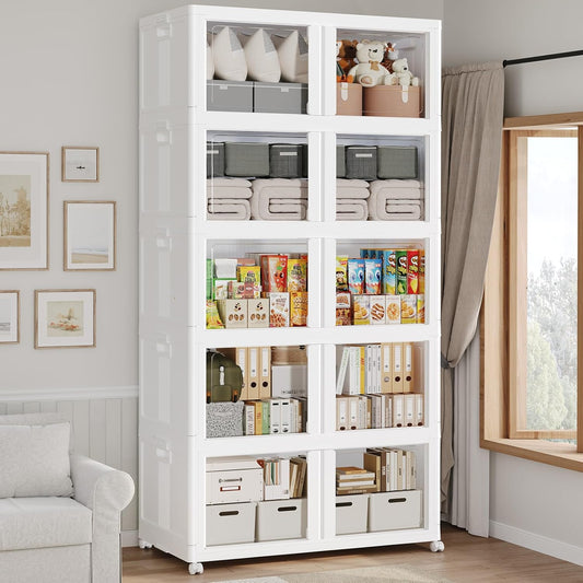 250GAL Large Stackable Storage Bins with Lid and Wheels, 1000Qt Collapsible Organizer Cabinet with Clear Door, for Closet, Bedroom, Kitchen, Garage, 5-Pack White