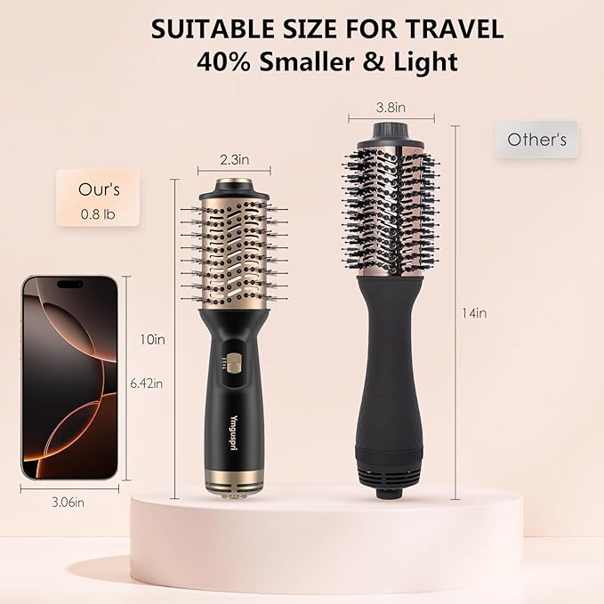 4-in-1 Dual Voltage Hair Dryer Brush, Mini Auto Blow Dryer Brush for European Travel(100-240V), 2 Inch Hot Air One Step Hair Dryer and Styler for Volumizer/Straightener/Curler with EU&UK Plug