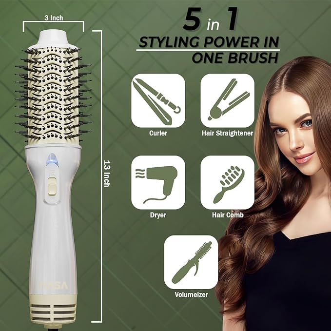 3” Large Barrel Ionic Hot Air Brush Hair Dryer – 75 mm One‑Step Volumizer Blowout Brush for Thick & Long Hair, 1100 W Plastic‑Tourmaline, Frizz Control, 3 Heat / 2 Speed, 13” Length