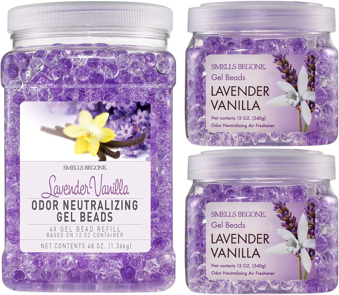 SMELLS BEGONE Odor Eliminator Gel Bead Value Pack - 72 oz - Air Freshener - Eliminates Odors in Bathrooms, Pet Areas, Boats, RVs & Cars - Made with Essential Oils - Lavender Vanilla Scent