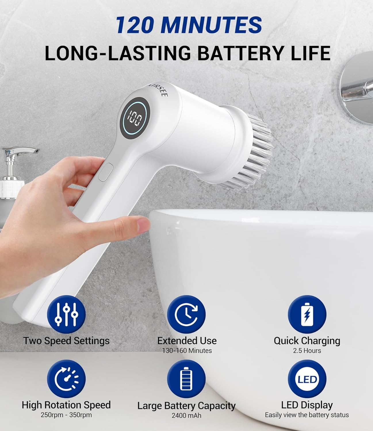 AIRSEE Cordless Electric Spin Scrubber, Handheld Power Shower Cleaner Brush, 2 speeds, 6 Replaceable Brush Heads for Cleaning Floor, Window, Bathroom, Kitchen, for Elderly & Busy Family