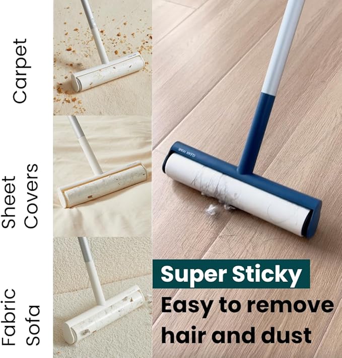 Large Lint Roller with Extra Sticky Roller and 420 Sheets 9.5" Wide, Floor Lint Roller Long Handle, Extendable to 41", Carpet, Couch, Pet Hair, Clothing Cleaning Supplies (White Roller + 7 Refills)