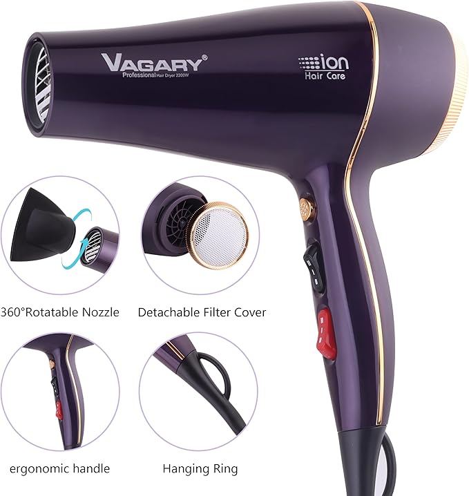 VAGARY 6690A Salon Pro Hair Dryer for Women,2200w Powerful AC Motor Fast Drying, Ionic Blow Dryer for Thick Hair,2 Speeds and 2 Heat Settings 1 Cool Shot Button(1 Diffuser and 1Concentrator)