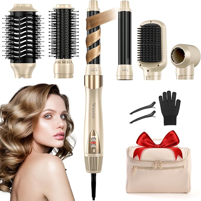 6 in 1 Hot Air Wrap Hair Styler, 110,000 RPM High-Speed Hair Dryer & Auto Wrap Curler, No Heat Damage Blow Dryer Brush for Fast Drying, Curling, Volumizing, Straightening with Travel Bag