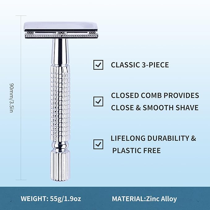 Gearhub Double Edge Safety Razor Reusable Stainless Metal Wet Shaving Razor with 10 Swedish Platinum Blades for Men Women Barber Bikini Armpit Hair, Silver GR131