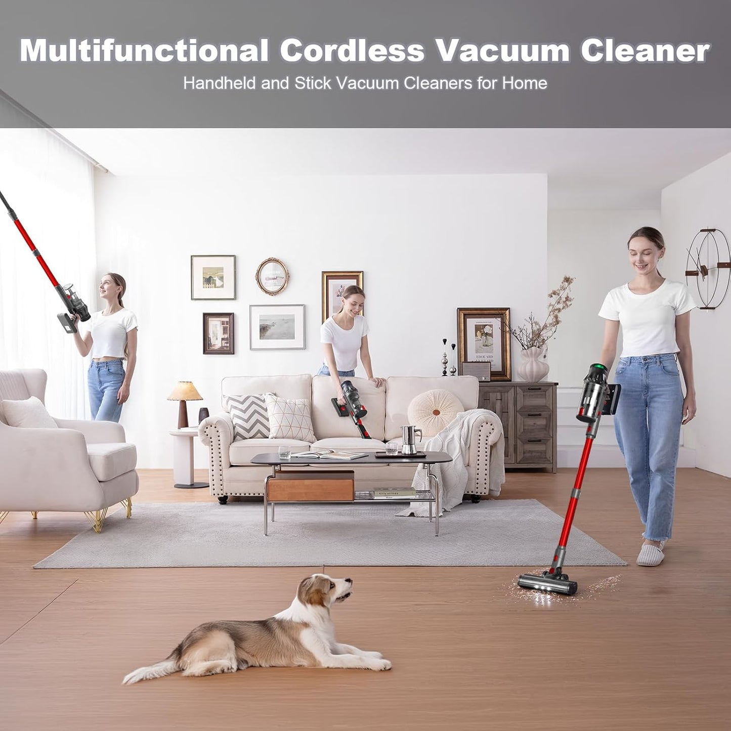 Vacuum Cleaners for Home - Cordless Stick Vacuum Cleaner, Lightweight High Power Vac for Pet Hair Carpet Hardwood Floor, Handheld Portable Wireless Rechargeable Battery Household Vac,Red