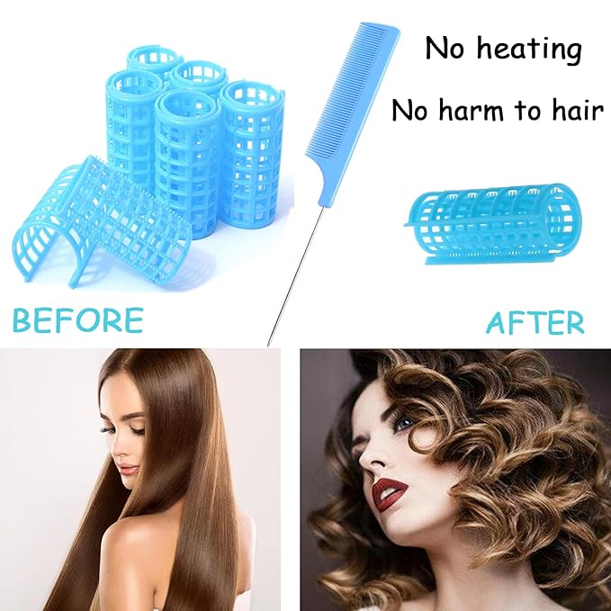 ZMD 24PCS Plastic Hair Rollers Set, 0.8Inch/2cm Snap on Rollers Curlers for Fine Thin Hair Heatless Self Grip Rollers with Mini Comb for Women/Men Medium Short Hair (Blue)