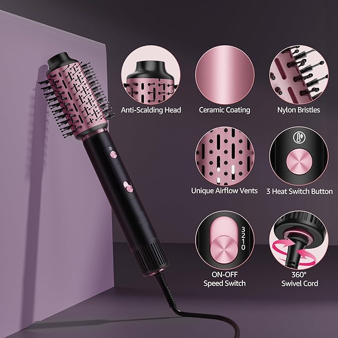 SKIMI 110,000 RPM Brushless Motor Hair Dryer Brush - 5 Muti-Styler for Fast Drying, Curling, Volumizing & Straightening | High-Speed Hot Air Brush for All Hair Types (Black & Blush Red)