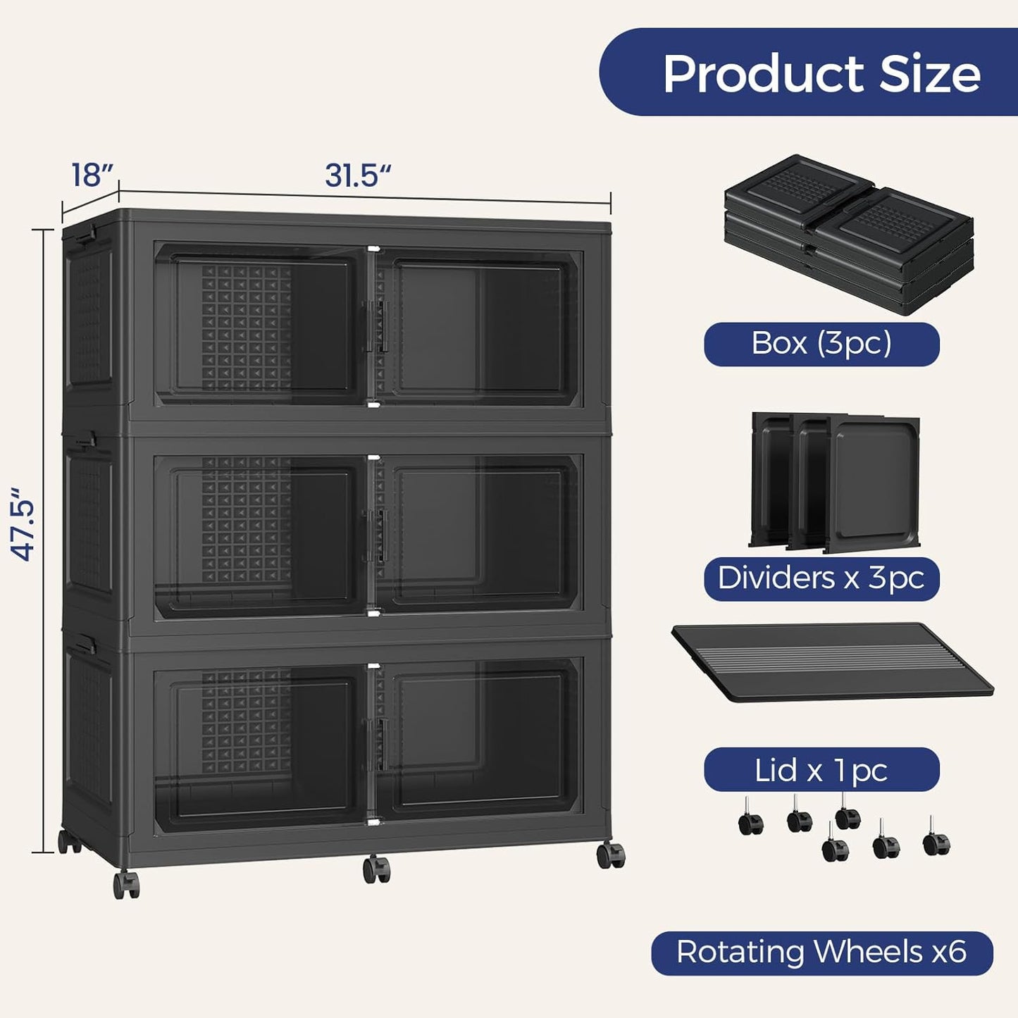 150GAL Storage Bins with Lid and Wheels, Stackable Closet Organizers and Storage Drawer, Collapsible Storage Box with Dividers, Foldable Plastic Cabinets Cubes Totes for Garage, 3 Pack Black