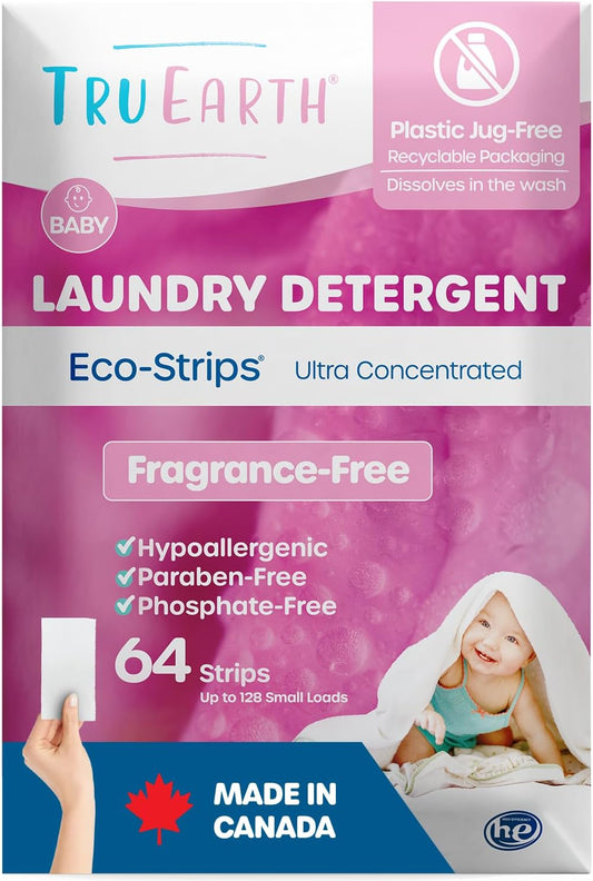 Tru Earth Hypoallergenic Baby Laundry Detergent Sheets/Strips for Sensitive Skin, 64 Count, Up to 128 Loads: Fragrance Free Baby Detergent Laundry Newborn, Children