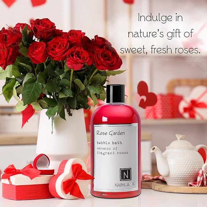 Rose Garden Bubble Bath by Nabila K - Essential Oils with Natural Ingredients for Sensitive Skin, Tear-Free, Gentle, Moisturizing - Luxury for Women & Men, 16 oz