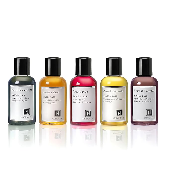 Assorted Travel Size Bubble Bath Collection (Set of 5) by Nabila K - Forest Experience, Sunshine Zest, Rose Garden, Sweet Surrender, Heart of Provence - Essential Oils with Natural Ingredients - 2 oz