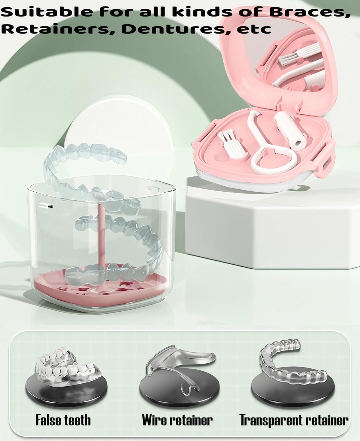 MURRI&MURRDI Retainer Case, Denture Bath Box with Strainer Basket, Mouth Guard Case, Braces Cleaner Cup, Cute Denture Holder Storage Soak Container for Travel Cleaning (A Pink)