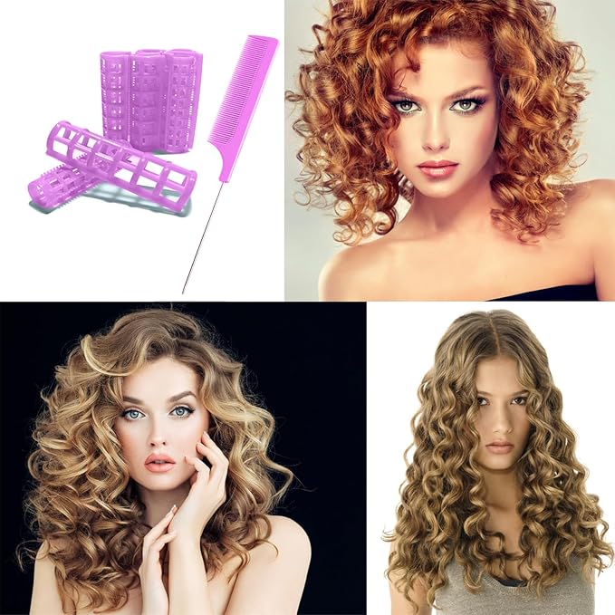 28PCS Plastic Hair Rollers Set 1.5cm/0.6in Heatless Hair Rollers Hair Curlers Snap on Rollers Self Grip Rollers Hairdressing Curlers Tools for DIY Hairdressing Hair Salon（purple）