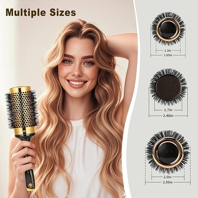 Large Round Brush for Blow Drying, Aluminum Round Hair Brushes for Women, Roller Brush for Blow Drying and Styling, Gold, For Curly and Straight-2 Inch Barrel, 2.95 Inch with Bristles