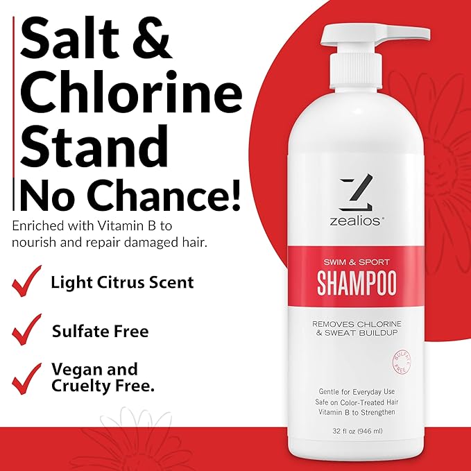 Zealios Swim & Sport Clarifying Shampoo, 32 oz Pump Bottle for Extremely Damaged Hair, Pool Hair Repair & Protector - Sulfate-Free, Moisturizing Chlorine & Salt Removal, Color-Safe, Citrus Scent