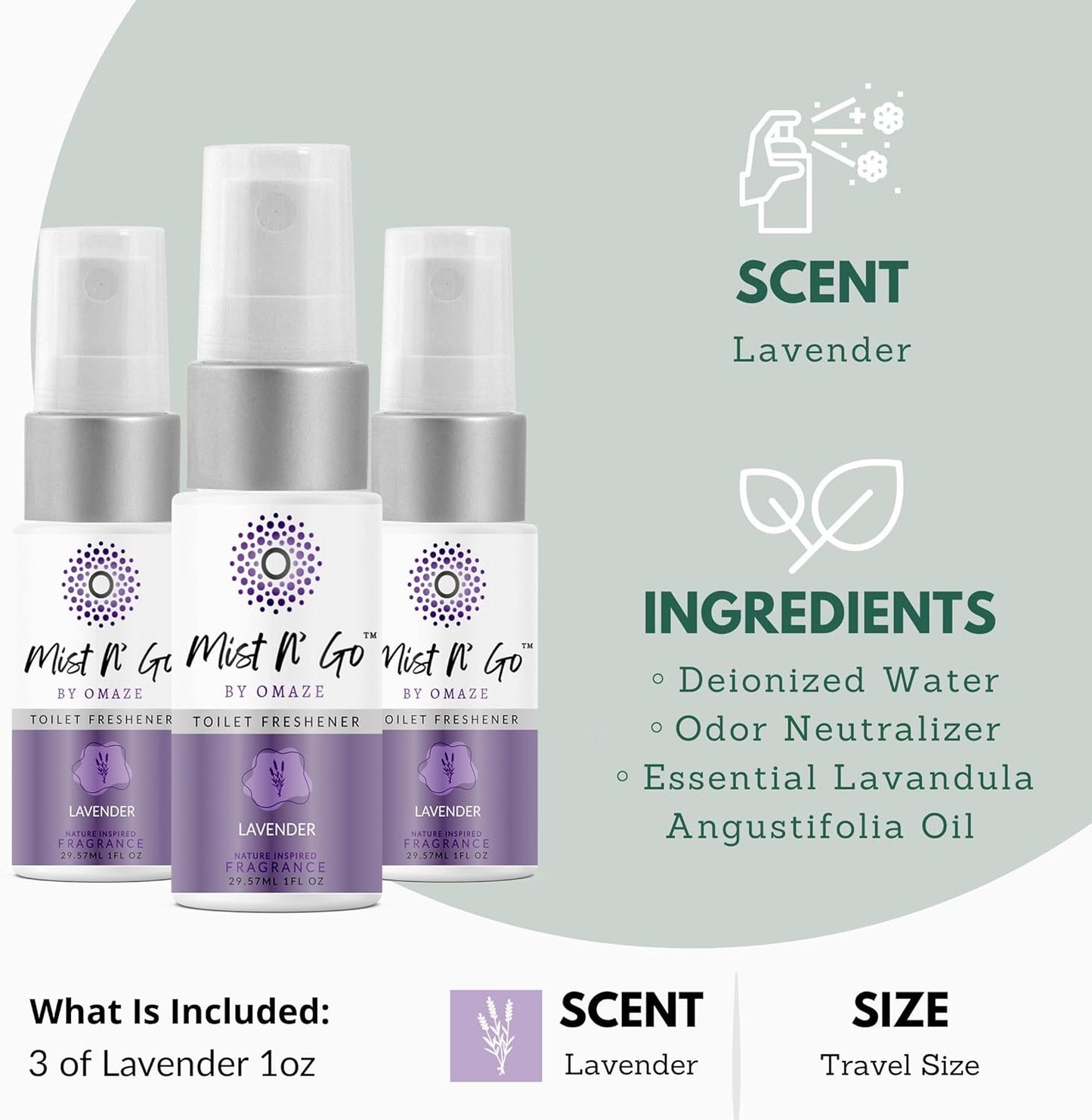 Mist N’ Go by Omaze Travel Bathroom Spray for Toilet Spray Odor Eliminator - Travel Toilet Spray for Bathroom Air Freshener Spray for Bathroom Deodorizer - Lavender Travel Size (1oz x3)