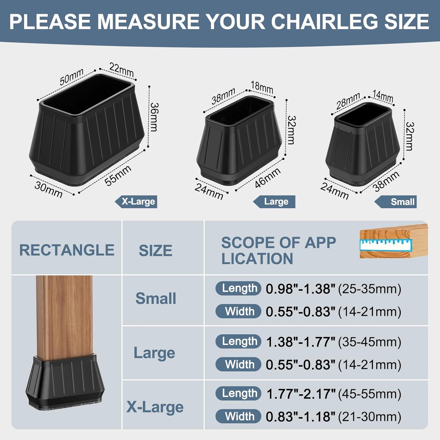 24PCS Rectangular Chair Leg Floor Protectors for Hardwood Floors, Thicken Rubber Chair Leg Cap Covers, Non Slip Furniture Leg Pads to Protect Wood Tile Floors from Scratches and Reduce Noise