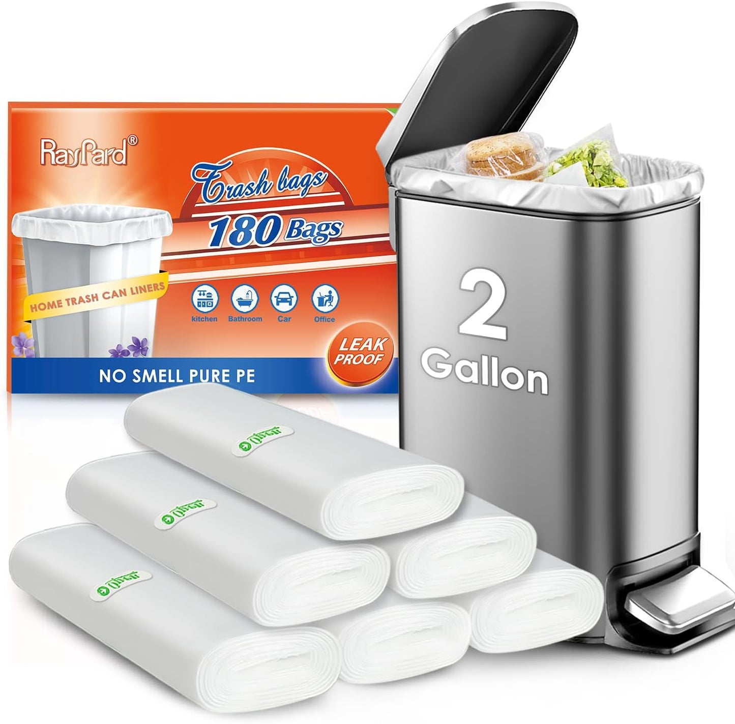 180 Counts 2 Gallon (1.8-2 Gal) Small Trash Bags Garbage Bags by RayPard, fit 1.6,1.8,2,2.2 Gal Waste Basket, 6.5-7 Liter Strong Trash Can Liners for Home Office Kitchen Bathroom Bedroom, Clear