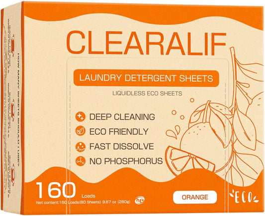 CLEARALIF Laundry Detergent Sheets Up to 160 Loads, Orange - Great For Travel, Apartments, Dorms,CLEARALIF Laundry Detergent Strips Eco Friendly & Hypoallergenic