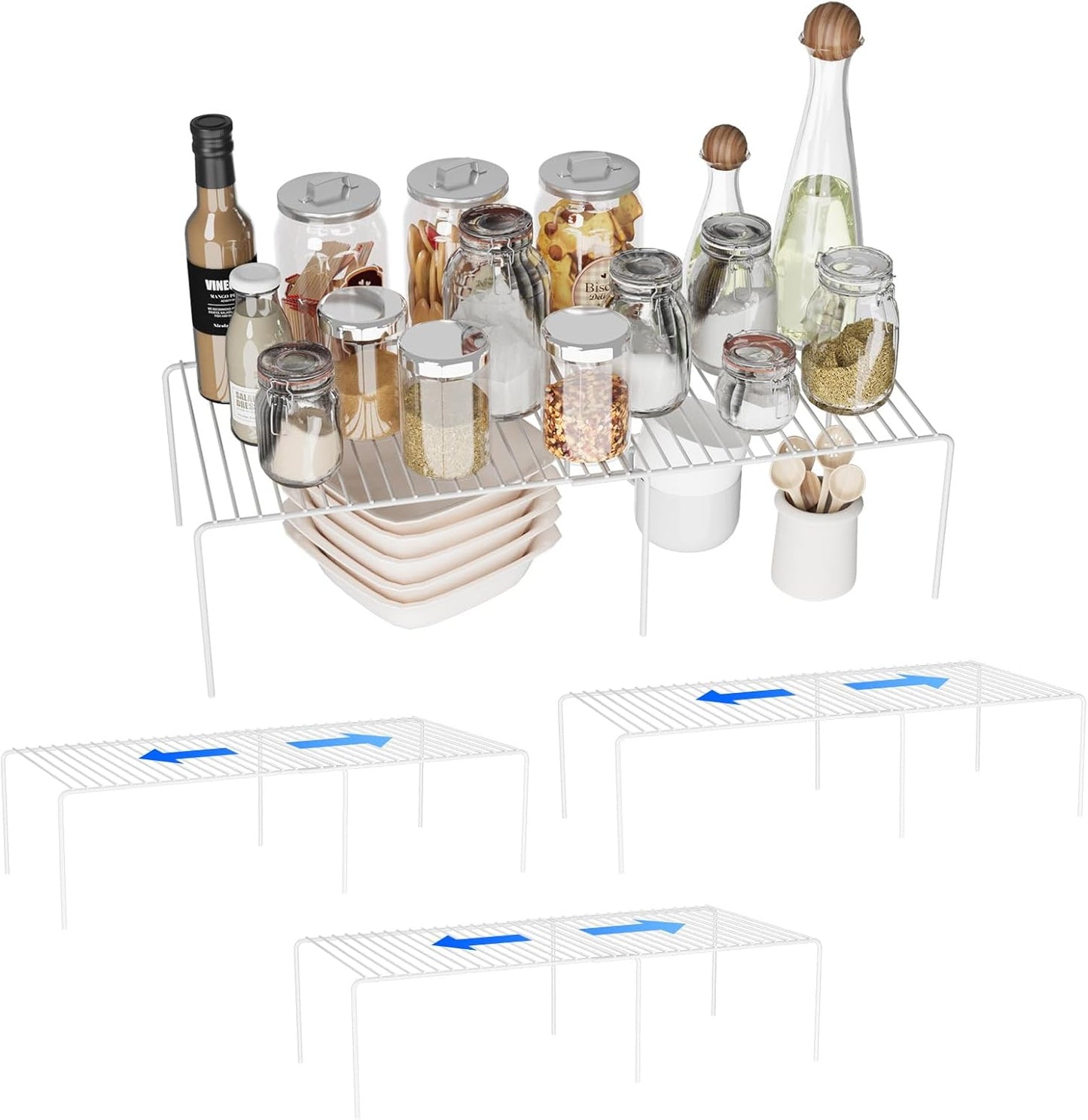 Expandable Storage Shelf, Pantry Organizers and Storage, Adjustable Rustproof Metal Wire Spice Rack, Space Saver Kitchen Storage Shelves for Pan, Pot, Countertop, Drawer, Fridge, Set of 4, White