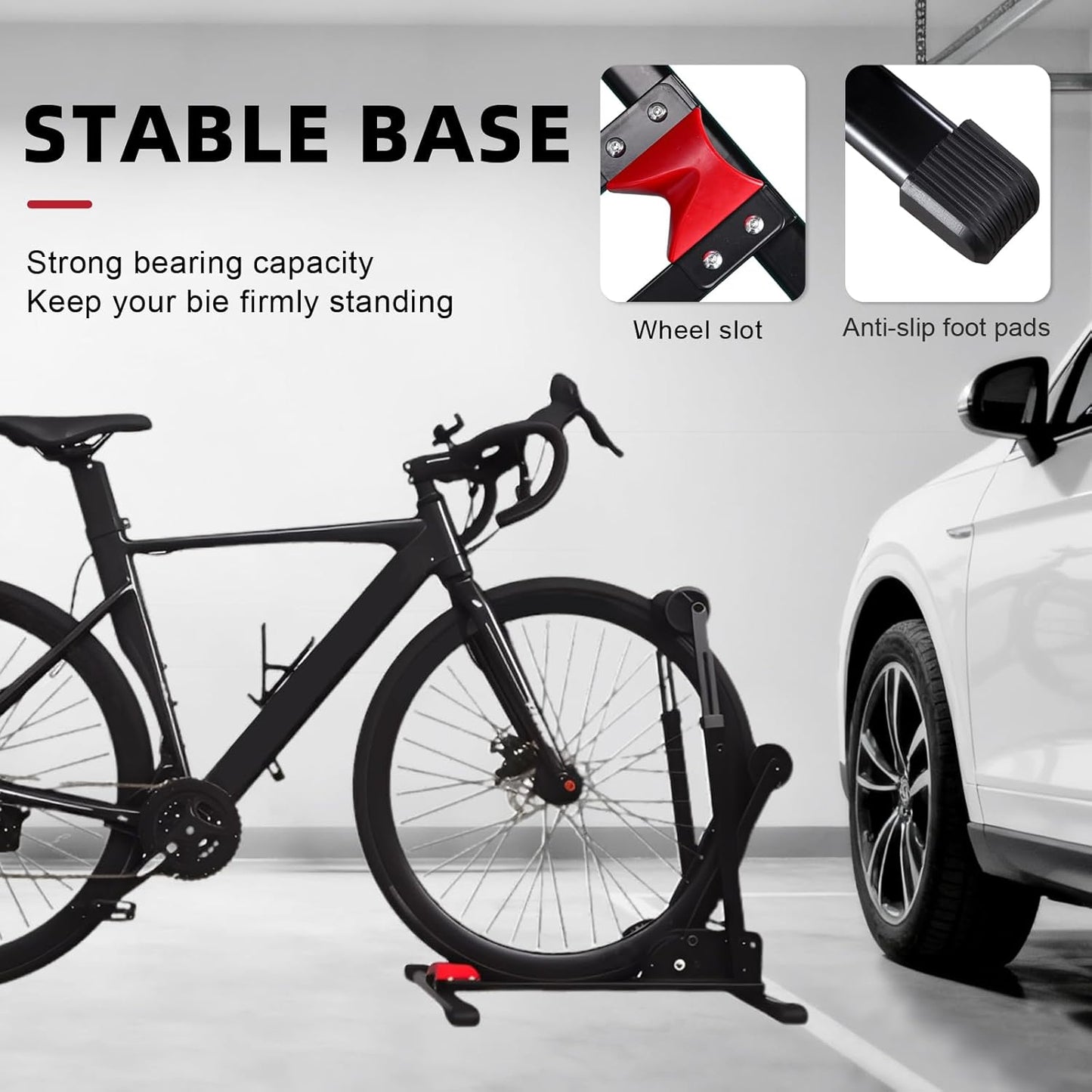 Heavy-Duty Floor Bike Stand, Freestanding Bicycle Storage Rack, Adjustable Dual Support Arms, No-Drill Installation for Garage, Black